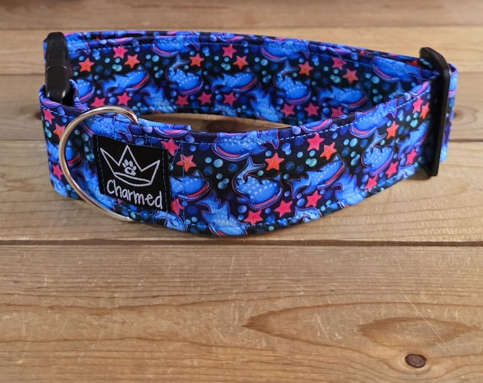 Featured listing image: 14"-28" Dog Collar 2" Width, Pet Collar, Medium, Large, XL Dog Collar, Basking Shark, Ocean Dog Collar, Whales