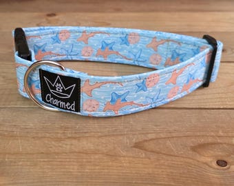 13"-26" Dog Collar 1.5" Width, Pet Collar, Medium, Large Dog Collar, XL, Summer Dog, Sand Shark Dog Collar, Ocean, Shark, Buckle Collar