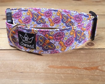 14"-28" Dog Collar 2" Width, Pet Collar, Medium, Large, XL Dog Collar, Moth Dog Collar, Cottagecore, Summer, Boho Collar