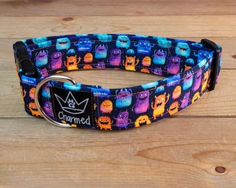 13"-26" Dog Collar 1.5" Width, Pet Collar, Medium, Small, Large Dog Collar, Bright Dog Collar, Summer, Little Monsters Collar, Buckle Collar