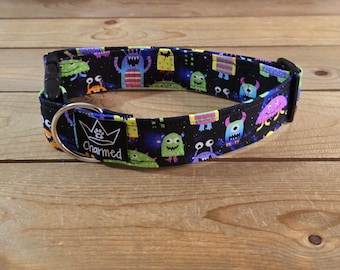 13"-26" Dog Collar 1.5" Width, Pet Collar, Medium, Large, Big Dog Collar, Little Monsters Collar, Colorful, Fun Collar, Silly Monsters, Boy