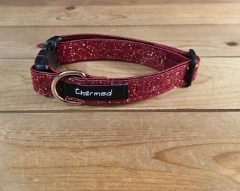 11"-21" Dazzle Dogs Dog Collar 1" Width, Medium, Large, XL, Very Little Shedding, Glitter Collar, Satin Lined, Sparkle Dog, Cranberry