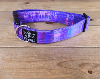 13"-26" Holographic Dog Collar 1.5" Width, Medium, Small, Large, XL, Colorful, Holographic, Waterproof Ottertex Lined, Purple