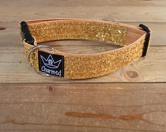 13"-26" Glitter Dog Collar 1.5" Width, Small, Medium, Large, Very Little Shedding, Glitter Collar, Satin Lined, Sparkle, Gold