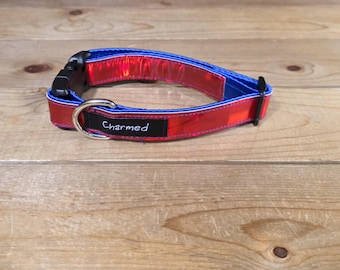 11"-22" Holographic Dog Collar 1" Width, Medium, Small, Large, Colorful, Holographic, Satin Lined, Red & Blue