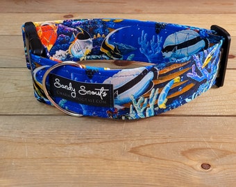 14"-27" Sandy Snouts Dog Collar 2" Width, Pet Collar, Medium, Large, XL, Big Dog Collar, Beach, Ocean, Sandy Snouts, Fish Collar