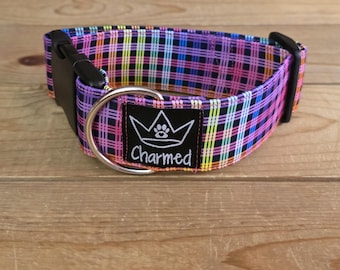 PETITE 11"-18" Dog Collar 1.5" Width, Pet Collar, Small, Plaid Dog Collar, Dog Beach Collar, Buckle Dog Collar, Summer Dog, Neon Dog Collar