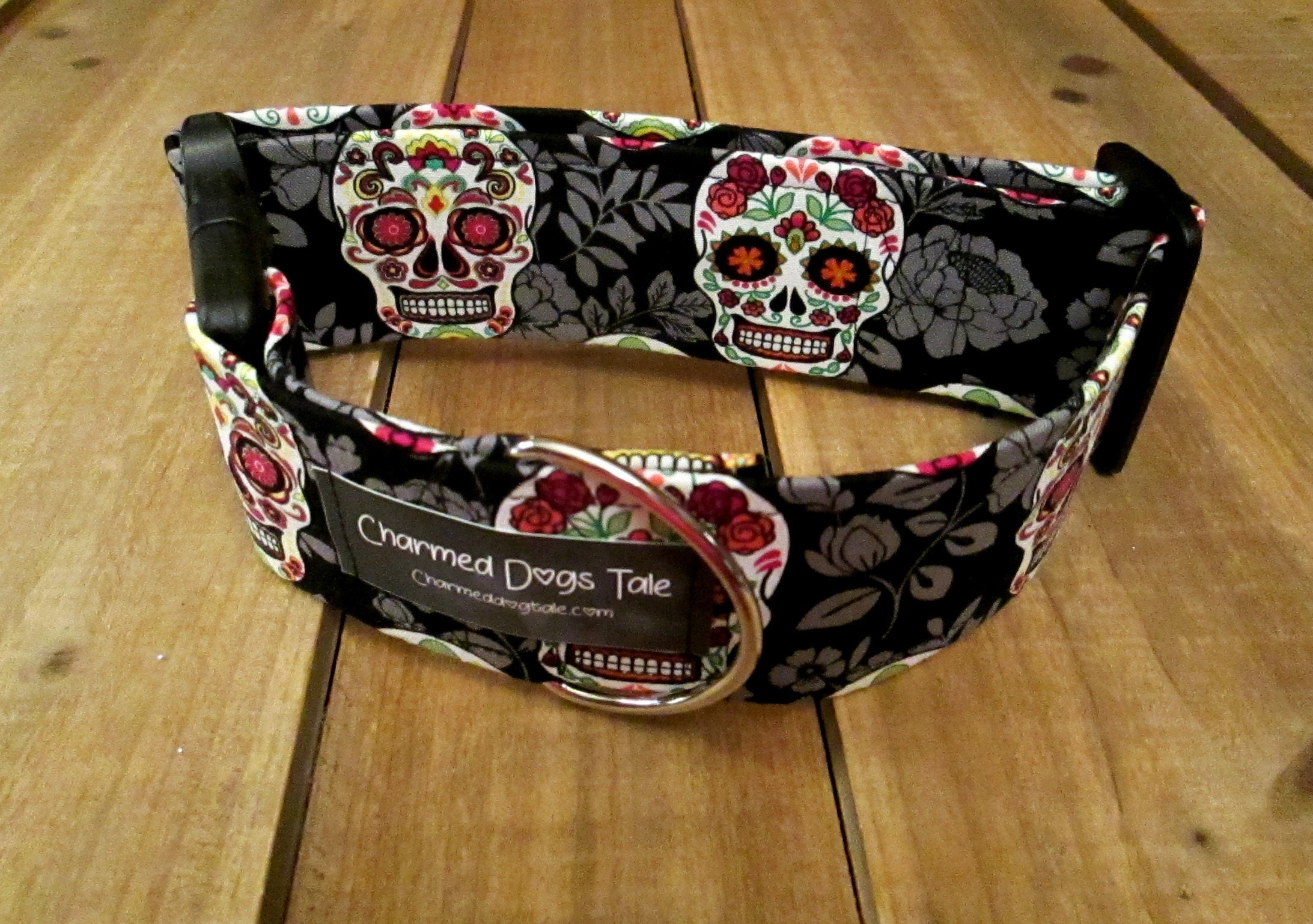 14-26 Sugar Skull Dog Collar 2 width, Fabric Dog Collar, Summer Dog