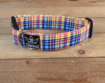 13"-26" Dog Collar 1.5" Width, Pet Collar, Medium, Large, Big Dog Collar, Neon Plaid Collar, Summer Plaid Collar