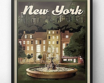 New York Central Park Fountain Retro Vintage Travel Poster