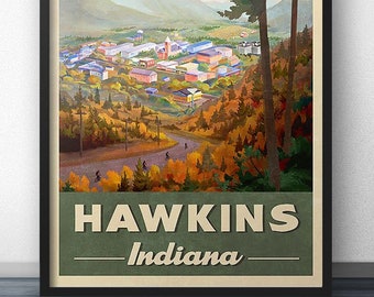 Hawkins Indiana Retro Vintage Travel Poster