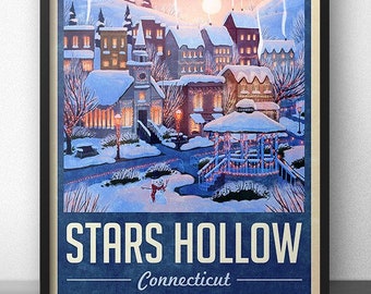 Poster de voyage pour les vacances d'hiver avec étoiles creuses