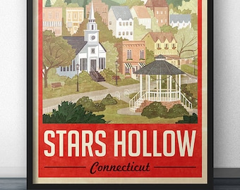 Stars Hollow Poster - Vintage Travel Poster - Inspired by Gilmore Girls (Red Version)