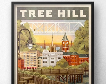Affiche de voyage vintage rétro de Tree Hill en Caroline du Nord