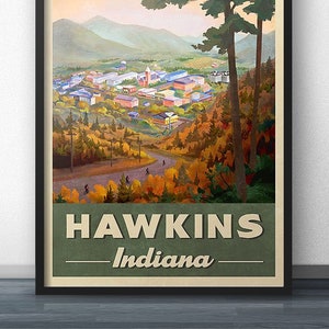 Hawkins Indiana Retro Vintage Travel Poster