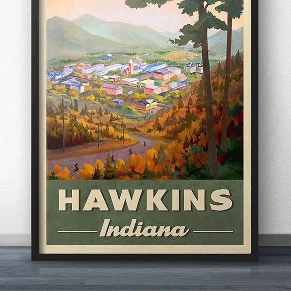 Hawkins Indiana Retro Vintage Travel Poster