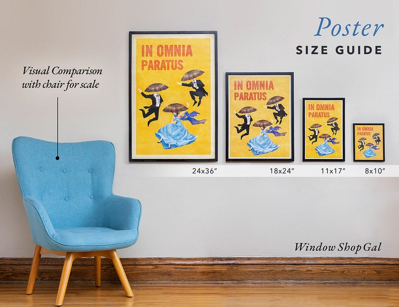 May include: A poster size guide displays framed prints with the text "IN OMNIA PARATUS" and a vintage illustration of figures with umbrellas. Sizes range from 8x10 inches to 24x36 inches. The text "Poster SIZE GUIDE" is also visible.