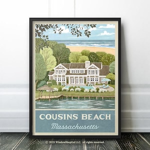 May include: Framed art print featuring a coastal scene with a large house, a pool, and a beach. The print includes the text "COUSINS BEACH Massachusetts" in a vintage style. The artwork is set against a backdrop of trees, water, and sky.