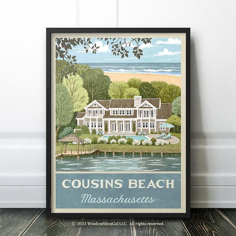 May include: Framed art print featuring a coastal scene with a large house, a pool, and a beach. The print includes the text "COUSINS BEACH Massachusetts" in a vintage style. The artwork is set against a backdrop of trees, water, and sky.