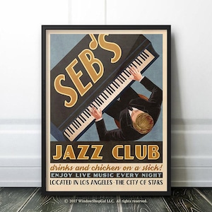 Manifesto pubblicitario retrò vintage del Seb's Jazz Club / ispirato a La La Land e Los Angeles