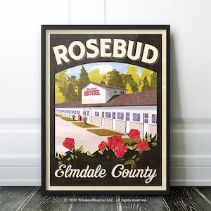 Póster de viaje vintage del motel Rosebud, condado de Elmdale