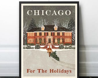 Chicago Winter Christmas House Travel Poster - Stay "Home Alone" for the Holidays!