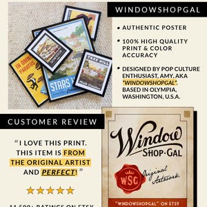May include: A collection of framed art prints featuring travel and pop culture themes. The prints include text such as "Downton", "Stars", and "Tree Hill". The artwork is by WindowShopGal, with a customer review and shop details.
