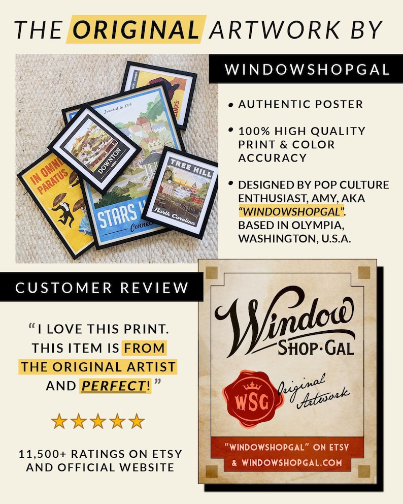 May include: A collection of framed art prints featuring travel and pop culture themes. The prints include text such as "Downton", "Stars", and "Tree Hill". The artwork is by WindowShopGal, with a customer review and shop details.