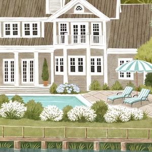 May include: Illustration of a large, two-story house with a light gray exterior, white trim, and a brown roof. The house has a pool, lounge chairs, and a striped umbrella. A wooden fence and a body of water are in the foreground.