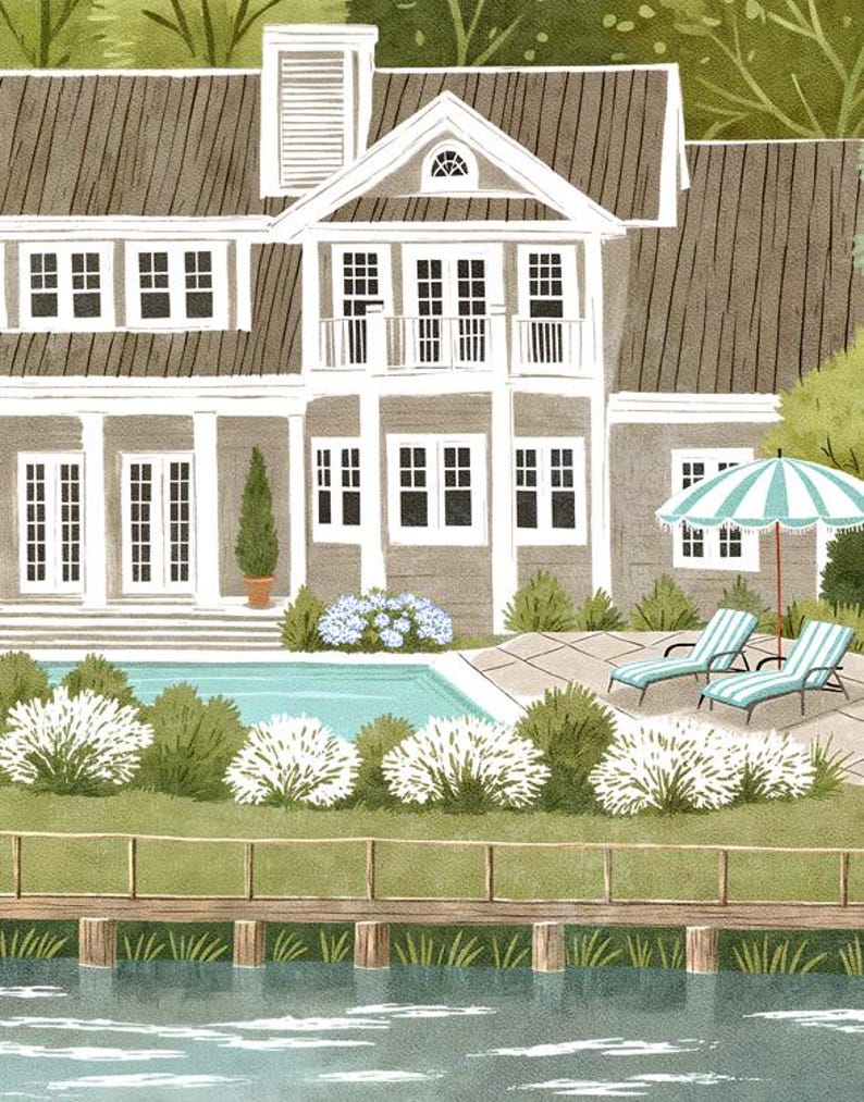May include: Illustration of a large, two-story house with a light gray exterior, white trim, and a brown roof. The house has a pool, lounge chairs, and a striped umbrella. A wooden fence and a body of water are in the foreground.