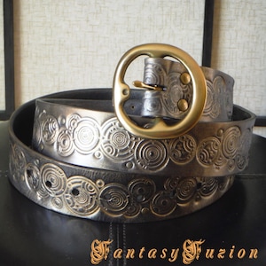 Steampunk Sci Fi Leather Belt // Silver Round Space Stars Stamps // Sci Fi Leather Belt