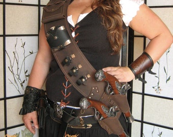 LARP Leather Baldric Pirate Baldric Leather Steampunk Baldric Flintlock Gun Holsters with Flask and Glass Vials