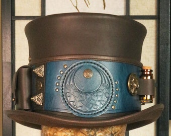 Witch Leather Hat with Pockets and Alchemist Glass Vials // Sorcerer Wizard Cosplay HIGH Top Hat // Moon Spirit Stamp