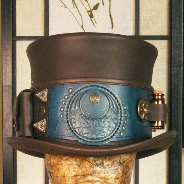 Witch Leather Hat with Pockets and Alchemist Glass Vials // Sorcerer Wizard Cosplay HIGH Top Hat // Moon Spirit Stamp