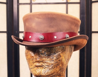 Leather Top Hat // SHORT Hat // Pork Pie Leather Hat // Distress Brown Leather Steampunk Top Hat // Burning Man Hat // Custom Color Band