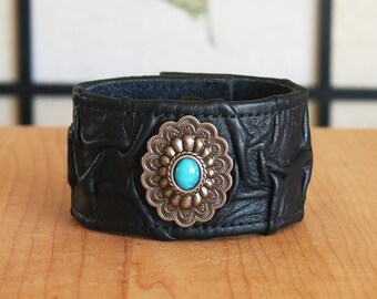 Boho Leather Black Cuff // Rocker Country Wristband // Goddess Bracelet // Burning Man // Clubwear