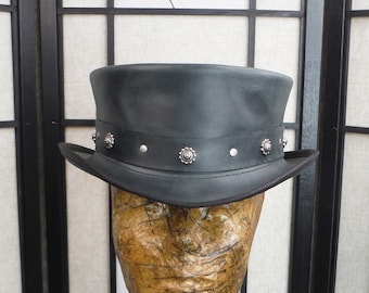 NEW Steampunk Hat // Leather Top Hat // SHORT Hat // Burning Man Hat  // Distress Black Leather Steampunk Top Hat