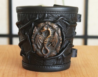 Dragon Leather Cuff // Dragon Fossil Crest Wristband // Medieval Leather Bracelet // LARP