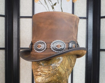 Top Hat // Western Rocker Leather Hat // Brown Leather // Slash Style Top Hat // Conchos Hatband  Slash Replica Fans HIGH Top Hat