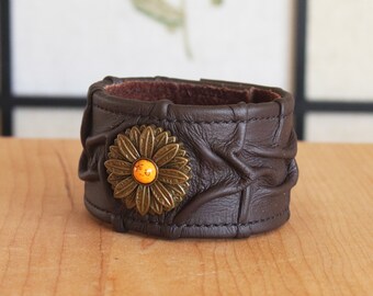 Boho Leather Cuff // Flower Power Wristband // Goddess Bracelet // Burning Man // Clubwear