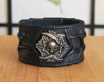 Rock Band Leather Black Cuff // Skull Gothic Wristband // Pirate Leather Bracelet // Musician