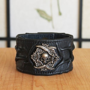 Rock Band Leather Black Cuff // Skull Gothic Wristband // Pirate Leather Bracelet // Musician