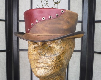 Short Leather Top Hat // Top Hat // Victorian 2 Tones Pork Pie // Steampunk Hat