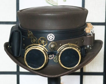 Steampunk Leather Hat // Burning Man Costume Hat // Time Traveler // Wasteland Goggles Top Hat // Pockets and Glass Vials Band