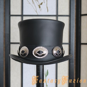 Top Hat // Slash Style Hat // Rocker Black Leather Hat // Leather High Top Hat // Conchos Hatband Replica Slash Fans HIGH Top Hat image 1