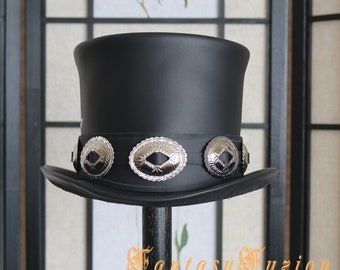 Hoge hoed//Slash stijl hoed//rocker zwart lederen hoed//lederen hoge hoge hoed//conchos Hatband replica Slash fans hoge hoge hoed