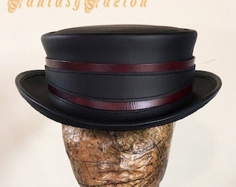 READY to Go // 25% OFF // Size Medium 22 1/4 inches // Steampunk Top Hat // Pirate Gold Hunter Leather Hat // Leather SHORT Top Hat 2 Tones