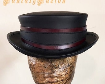 Steampunk Top Hat // Pirate Gold Hunter Leather Hat // Leather SHORT Top Hat 2 Tones