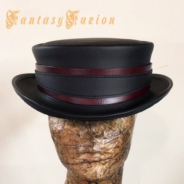 Steampunk Top Hat / Pirate Gold Hunter Leather Hat / Cuir SHORT Top Hat 2 Tons