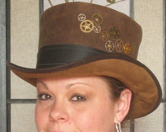 Top Hat // Steampunk Hat // Futurist Sci Fi Industrial Gears Leather Top Hat